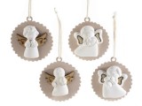 Set 4 ornamente brad Craciun Ingeri lemn ipsos &Oslash; 5 cm