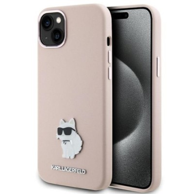 Husa pentru iPhone 15 Plus / iPhone 14 Plus - Karl Lagerfeld Silicone (KLHCP15MSMHCNPP) - Pink Choupette Metal Pin foto