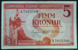 Cumpara ieftin Bancnota 5 COROANE / KRONUR - ISLANDA, anul 1957 * Cod 363