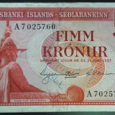 Bancnota 5 COROANE / KRONUR - ISLANDA, anul 1957 * Cod 363