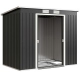 Outsunny Adăpost de Grădină Metalic &icirc;n Alipire cu Kit de Fundație, Ușă Dublă, Ventilații și Acoperiș &Icirc;nclinat, Gri | Aosom Romania