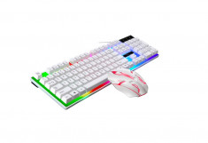 Kit mouse si tastatura cu fir, Lumini LED Combo gaming, laptop, alb OMC foto