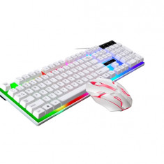 Kit mouse si tastatura cu fir, Lumini LED Combo gaming, laptop, alb OMC