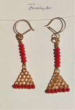 B123. Cercei Espagna cu coral rosu, sarma crosetata si tortite goldfilled Lux, RavariuArt