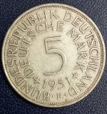 (A131) MONEDA DIN ARGINT GERMANIA - 5 MARK 1951, LIT. F, 11,2 GRAME. PURITATE 625