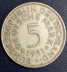 (A131) MONEDA DIN ARGINT GERMANIA - 5 MARK 1951, LIT. F, 11,2 GRAME. PURITATE 625