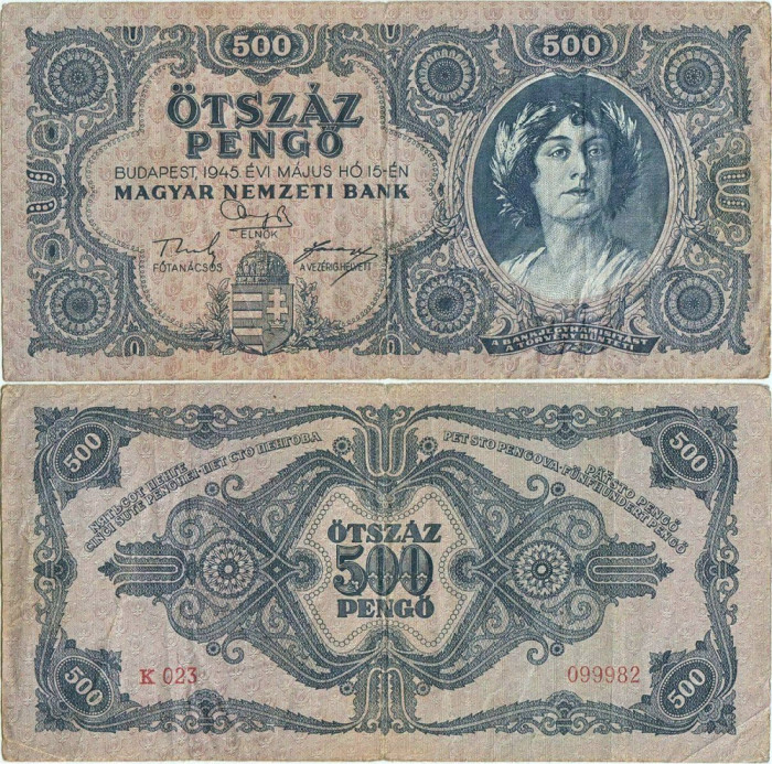 1945 ( 15 V ) , 500 pengő ( P-117x ) - Ungaria