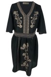 Rochie traditionala dama R, negru/bej , marimea XL, Bumbac