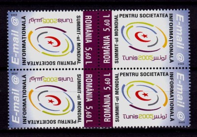 RO 2005 LP 1696a,&amp;quot;Summit-ul Soc. Info. Tunis &amp;quot;, bloc 4,tip 2, tete-beche, MNH foto