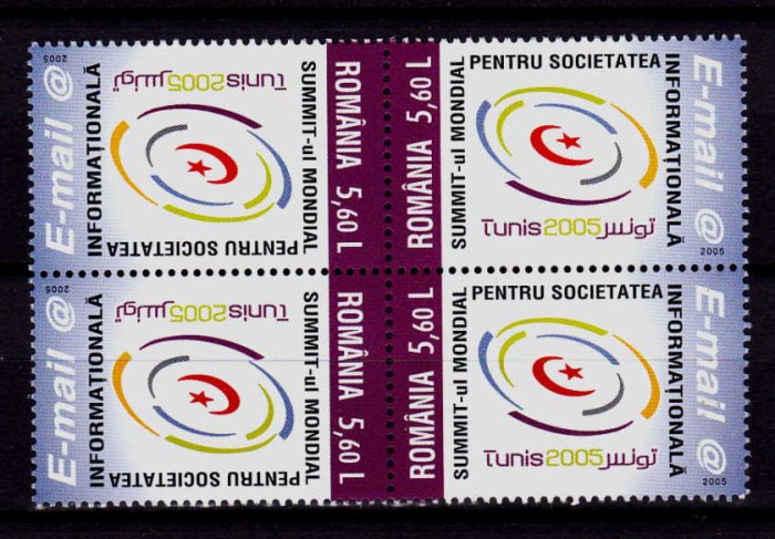 RO 2005 LP 1696a,&quot;Summit-ul Soc. Info. Tunis &quot;, bloc 4,tip 2, tete-beche, MNH