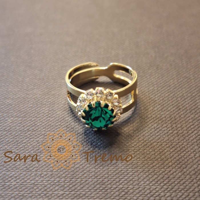Inel Gradina Tainica , floare cu cristal verde, reglabil, placat cu aur 18K