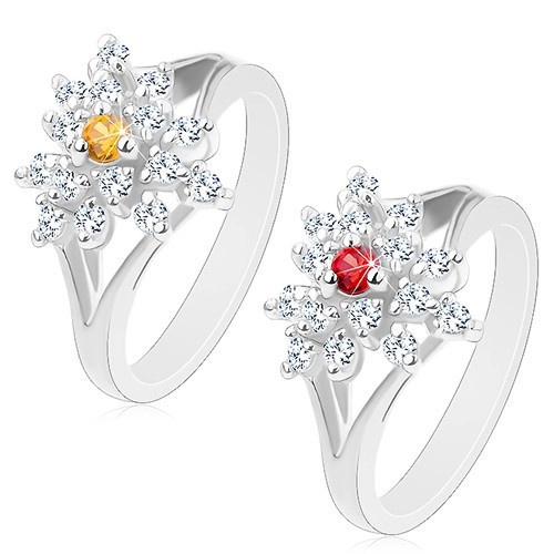 Inel strălucitor cu brațe despicate, floare din zirconii transparente, centru colorat - Marime inel: 53, Culoare: Roșu