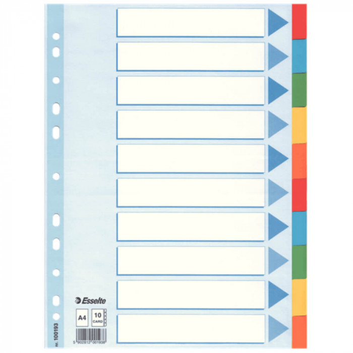 Separatoare cu Index din Carton Esselte Standard, A4, 10 Coli/Set, Taste Laminate, Multicolor, Separator Index, Separatoare Carton Index, Separatoare