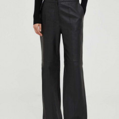 Bruuns Bazaar pantaloni de piele femei, culoarea negru, lat, high waist