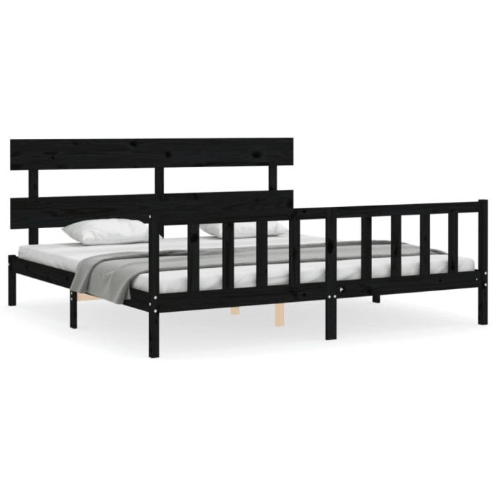 Cadru pat cu tablie 200x200 cm, negru, lemn masiv