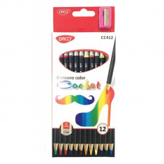 Set 12 Creioane Color DACO Cochet, Corp din Lemn Rotund, 12 Culori Diferite si Ascutitoare Inclusa, Set Creioane Colorate, Creioane Colorate, Creioane