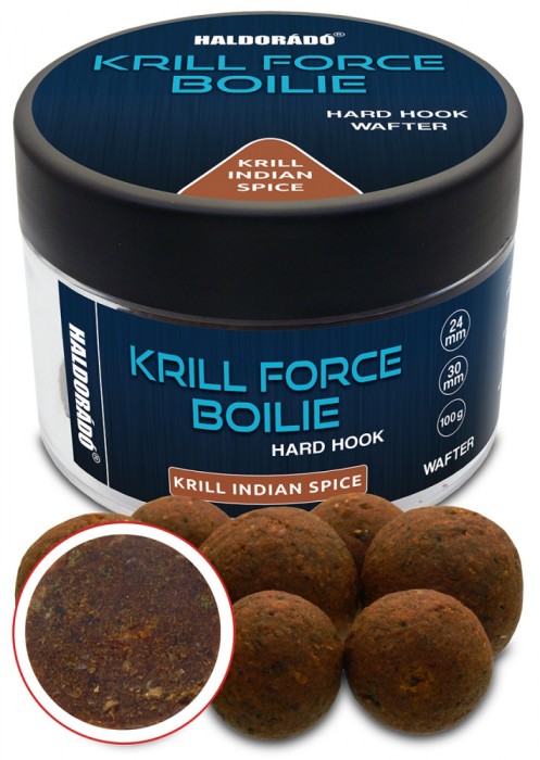 Haldorado - Boilies de carlig KRILL FORCE Boilie Hard Hook Wafter 24, 30 mm, 100g - Krill Indian Spice