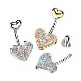 Piercing din oțel pentru buric - inimă cu sclipici colorat - Culoare: Auriu