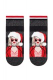 Șosete haioase Crăciun cu lurex și strasuri, model Miss Santa, Conte Elegant 162 - Negru, 36-39 (23-25)