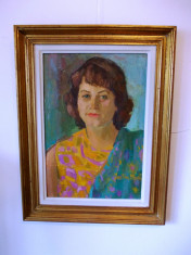 justina Popescu, n.1917, &amp;quot;Portret&amp;quot;, ulei/carton, rama originala cu foita aur foto