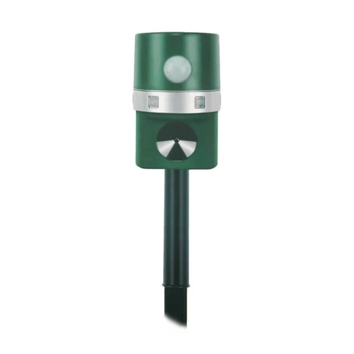 Aparat solar impotriva daunatorilor, cu ultrasunete, lumina LED, pentru gradina, cu tarus, buton on/off, verde