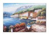 Cumpara ieftin Tablou peisaj lacul Como pictat manual, Priveliste de pe terasa, 100x70cm ulei pe panza in cutit efect 3D, Valentin Pop