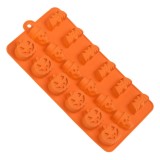Formă Tort Halloween, Silicon, 18 Compartimente, Craniu, Dovleac și Liliac, Portocaliu, 11x1.5x21.5cm