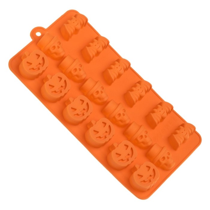 Formă Tort Halloween, Silicon, 18 Compartimente, Craniu, Dovleac și Liliac, Portocaliu, 11x1.5x21.5cm