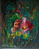 Pictură originală ulei pe p&acirc;nză &bdquo;Trandafiri sălbatici &icirc;n iarba &icirc;naltă&rdquo;, pe șasiu. Certificat cu semnătura și ștampila artistului