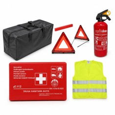 Kit siguranta auto complet trusa medicala 2x triunghiuri vesta geanta stingator mare 1kg