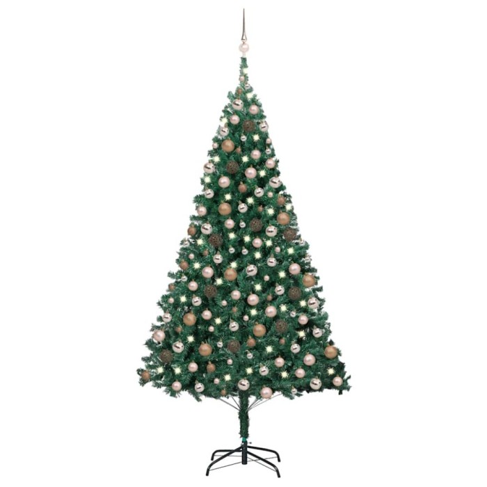 Brad Crăciun artificial pre-iluminat, set globuri, verde 240 cm