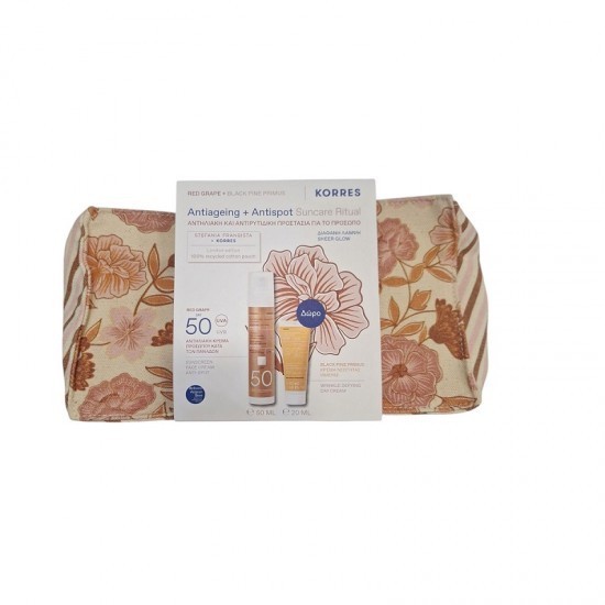 Cremă de față cu protecție solară zilnică Korres Red Grape Antiage + Antispot Ritual Sheer Glow SPF50 50 ml și cadou