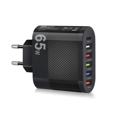 Incarcator retea 6-in-1 65W, 5 porturi USB + 1 port USB-type C, compatibil telefon, laptop, tableta foto