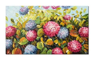Tablou pictat manual, Hortensii in gradina,100x60cm ulei pe panza de in cutit efect 3D, Valentin Pop foto