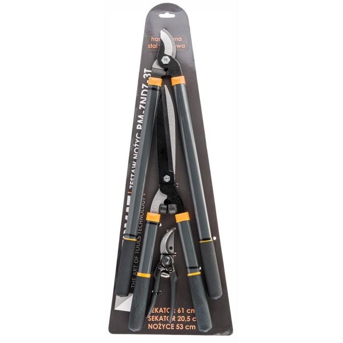 Set 3 foarfeci pentru gradinarit, lama otel, maner cauciuc, 59cm, 53cm, 20cm, Powermat