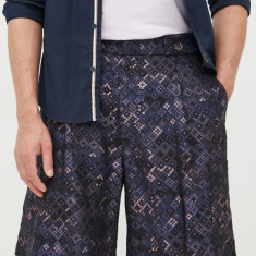 Emporio Armani pantaloni scurti din lana barbati, culoarea albastru marin