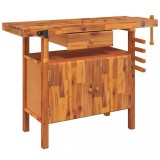 Banca de lucru cu sertar si menghine 124x52x83 cm, lemn masiv de acacia