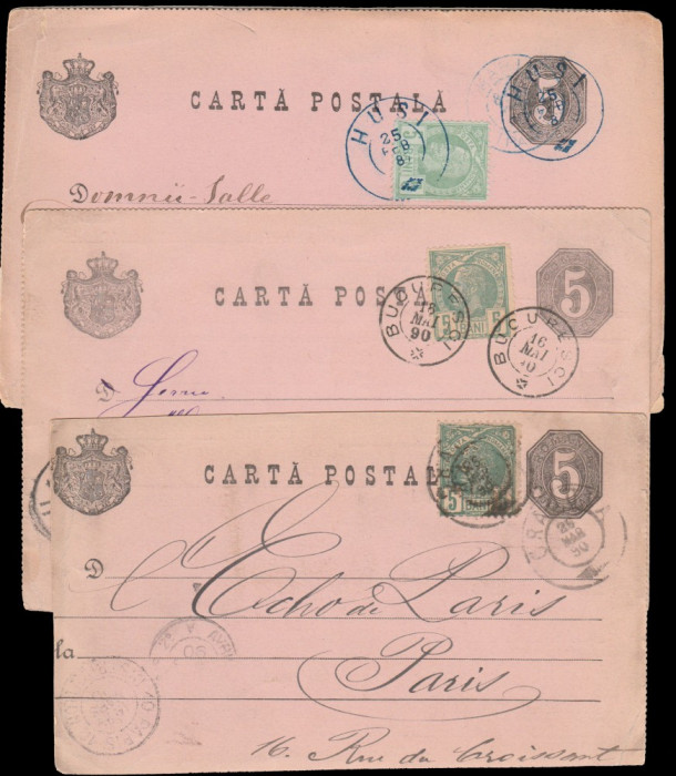 1887-1890 Romania - 3 intreguri cp format variat cu marci Vulturi toate diferite