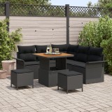 Set de canapea pentru gradina 8 piese cu perne negru poliratan acacia, canapea de gradina cu 2 locuri cu perne negru poliratan, set de dining pentru g