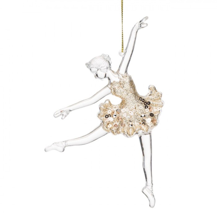 Ornament Brad Crăciun, Balerină, Transparent, Fustă Glitter Bej, 10.5x2.5x14 cm
