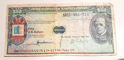 C334-I-Bancnota CEC calatorie USA 50 $ Master Card travelers cheque Thomas Cook. Marimi: 16/8 cm. foto
