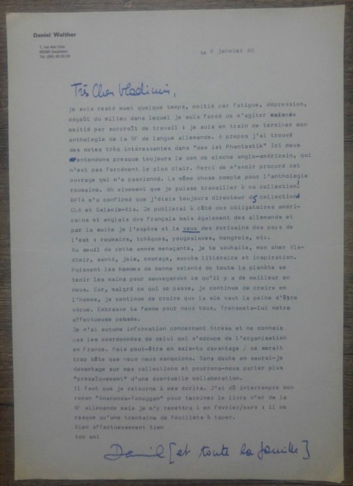Scrisoare de la Daniel Walther catre Vladimir Colin/ semnata in original