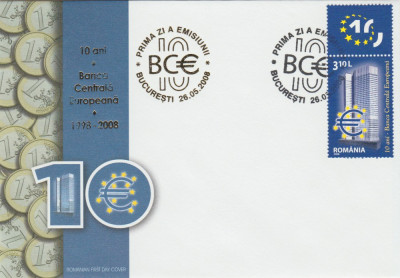 2008 Romania, FDC 10 ani Banca Centrala Europeana vinieta LP 1804, plic prima zi foto