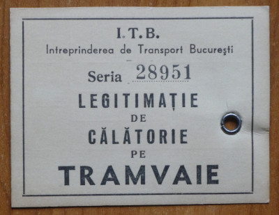 I. T. B. Bucuresti ; Legitimatie de calatorie de tramvaie din interbelic foto