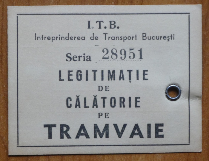 I. T. B. Bucuresti ; Legitimatie de calatorie de tramvaie din interbelic