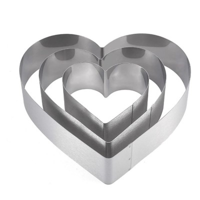 Set 3 inele metalice Pufo Heart Cake in forma de inima, pentru blat de tort, prajituri, otel inoxidabil, argintiu foto