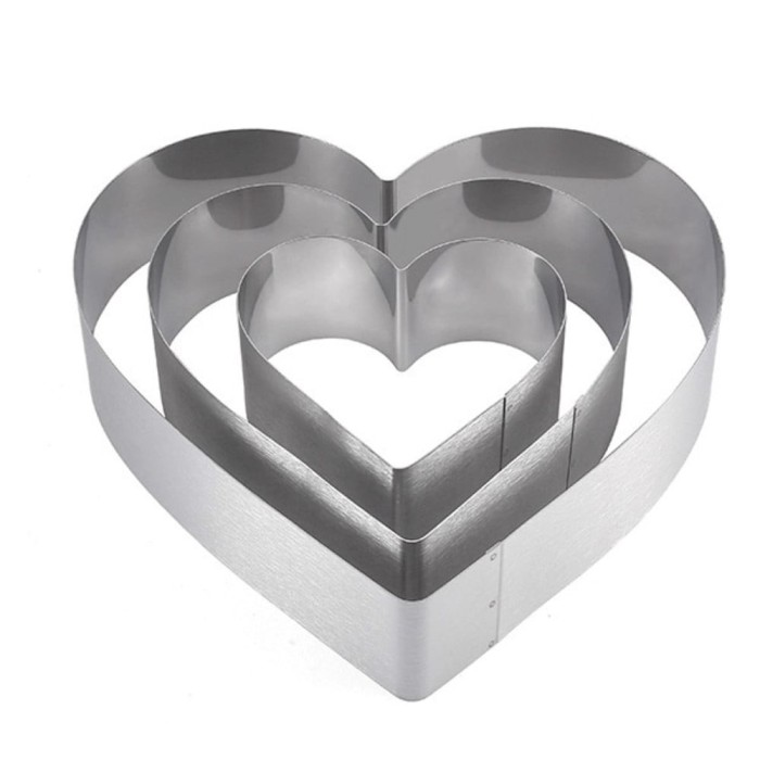 Set 3 inele metalice Pufo Heart Cake in forma de inima, pentru blat de tort, prajituri, otel inoxidabil, argintiu