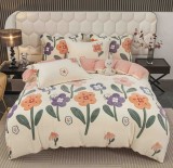 Cumpara ieftin Lenjerie de pat dublu cocolino,4 piese, cearceaf cu elastic,crem cu flori-A1432