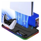 Stand racire vertical pentru PlayStation PS5/PS5 Slim, multifunctional, Statie cu 2 porturi incarcare controllere, suport casti, cooler si 15 spatii d