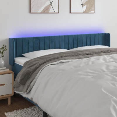 vidaXL Tăblie de pat cu LED, albastru &amp;icirc;nchis, 163x16x78/88 cm, catifea foto